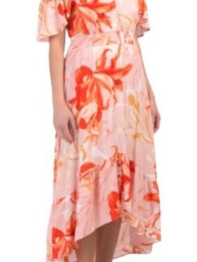 High-Low Floral Midi Dress in Peach and Coral